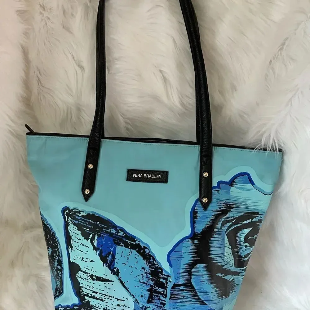 Vera Bradley blue Havana Rose Medium poly toted with black trim